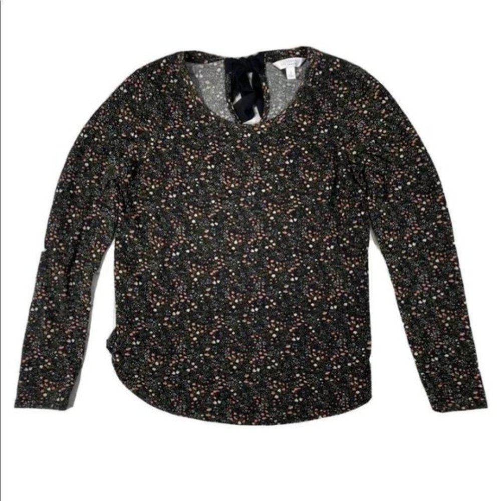 5/$25 Lauren Conrad BOW TIE BACK Black Print Long Sleeve Blouse Top Shirt